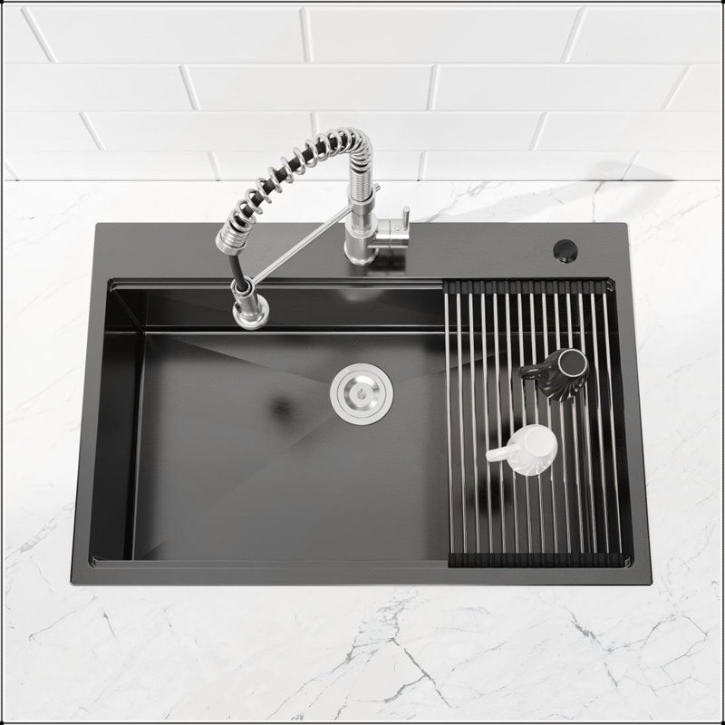 Évier de cuisine moderne fait à la main à simple cuve avec design encastré multifonctionnel et accessoires, acier inoxydable noir