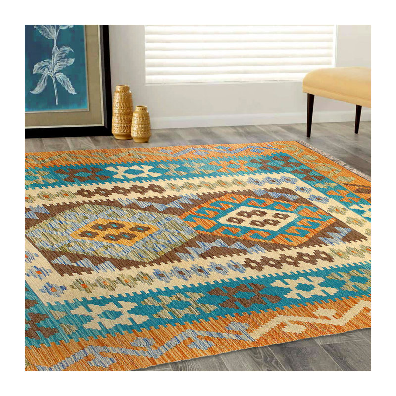 Chamniss Flatweave Wool Abstract Area Rug in Gold
