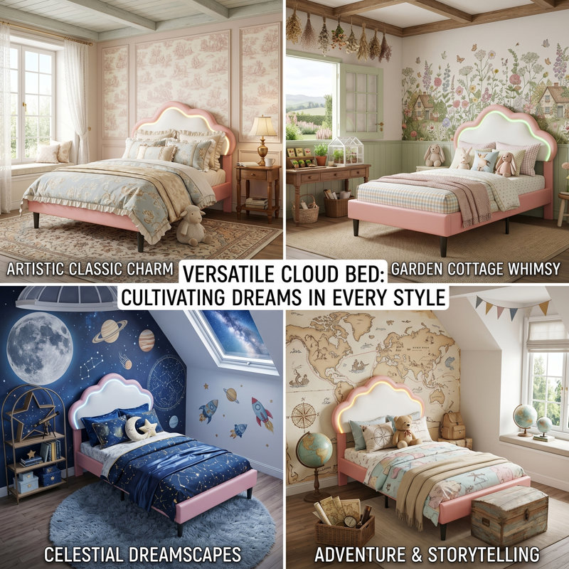 European Single (90X200cm) Children's Bed With LED Headboard, Upholstered Cloud Shaped Frame, Pink Faux Leather