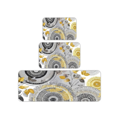 Ensemble de 3 tapis de cuisine à motif de feuilles Mandala, gris doré