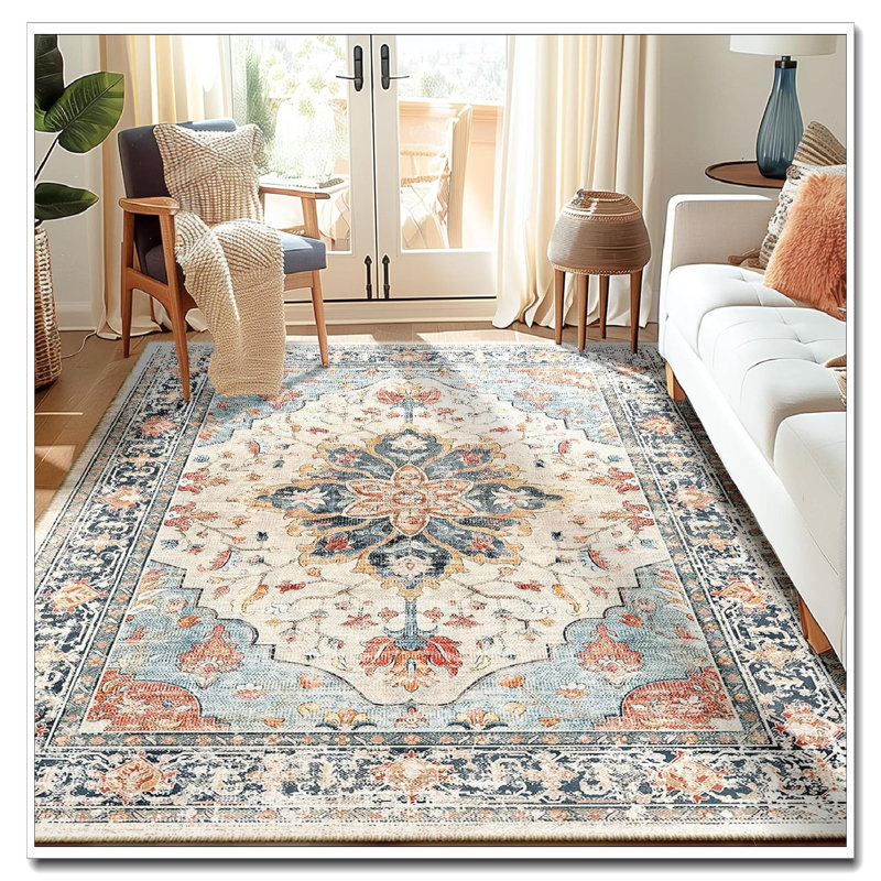 Floral Vintage Medallion Area Rug 5'X7' Washable Non-Slip - Beige Navy Blue Orange Carpet For Living Room Bedroom Dining Room