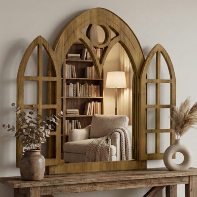 Vintage Arched Farmhouse Abstract Wall Mirror With Openable Shutters
