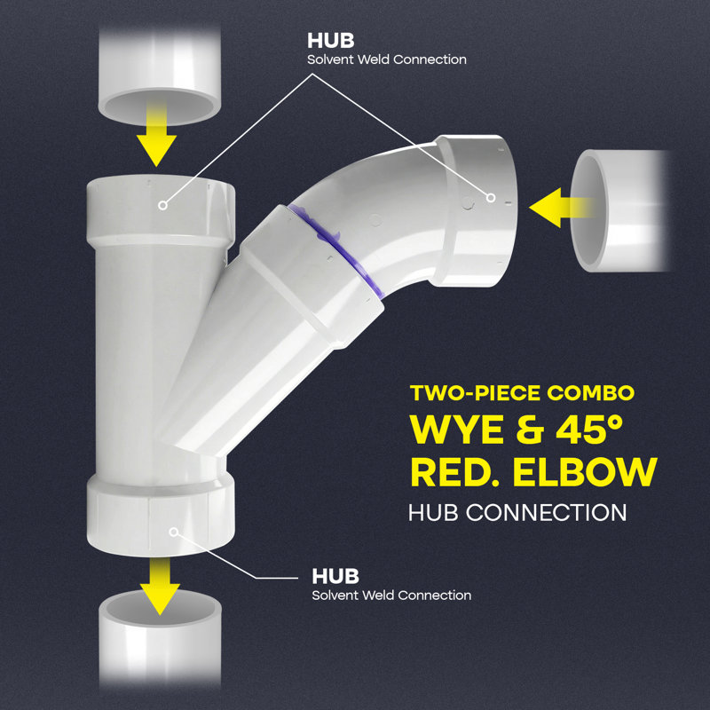4 pièces 4 "x 4" x 3 "PVC 2 pièces WY & Hub coude réducteur à coude 45 °, drain en PVC blanc, (paquet de 5)