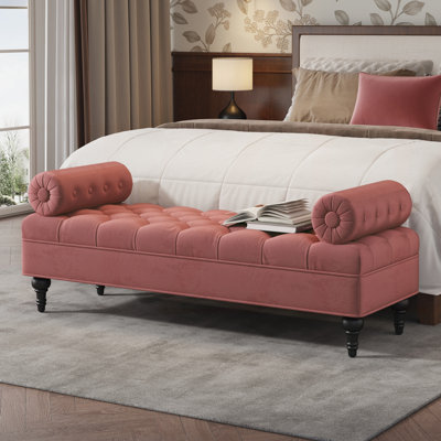 Banc de chambre à coucher moderne, banc de bout de lit, banc rembourré en velours avec 2 coussins amovibles, repose-pieds rembourré confortable pour la chambre à coucher, le salon et l'entrée, rose