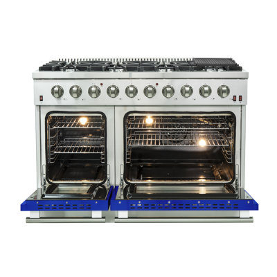 Forno Galiano 48-inch Gas Range in white, black, blue or red, 8 Burners, 107,000 BTU, Griddle, 6.58 Cubic Feet Double Ovens
