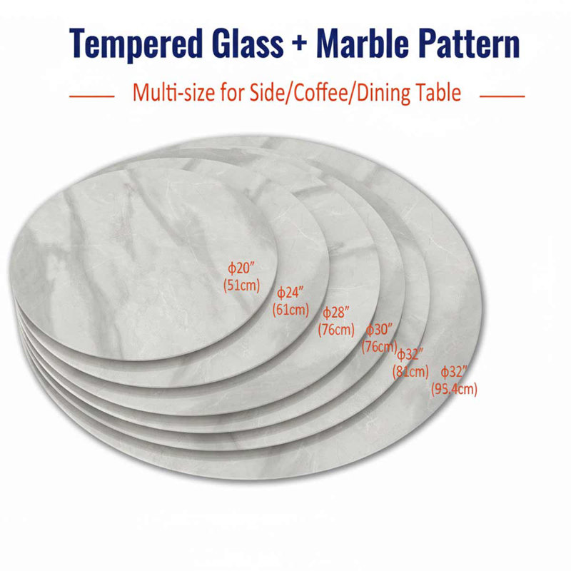 Plateau de table rond en verre trempé durable avec design en marbre - remplacement et housse pour salle à manger / café / patio (intérieur et extérieur)