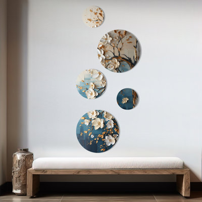 Orchidée bleue et blanche Golden Of Branches III - ensemble d'art mural rond en forme d'arbre de 5