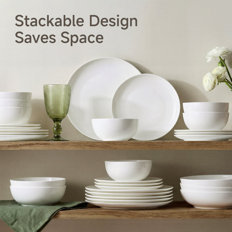 16-Piece Bone China Dinnerware Set for 4, Lightweight Round Plates and Bowls Sets