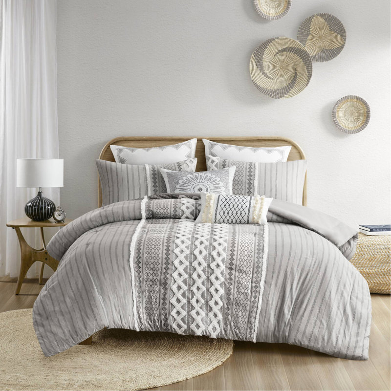 Ensemble d'édredon en coton avec chenille, Édredon pour grand lit + 2 taies décoratives, Gris à rayures