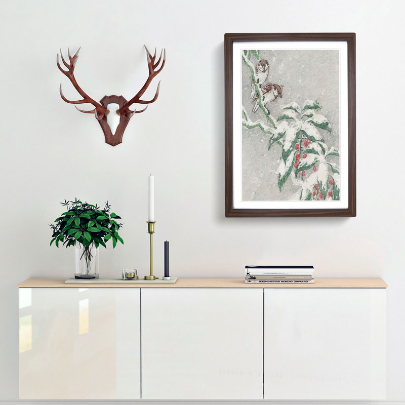 Sparrows on a Berry Bush by Ohara Koson - Picture Frame Painting Print, 48cm H x 36cm W x 2cm D, Walnut Framed
