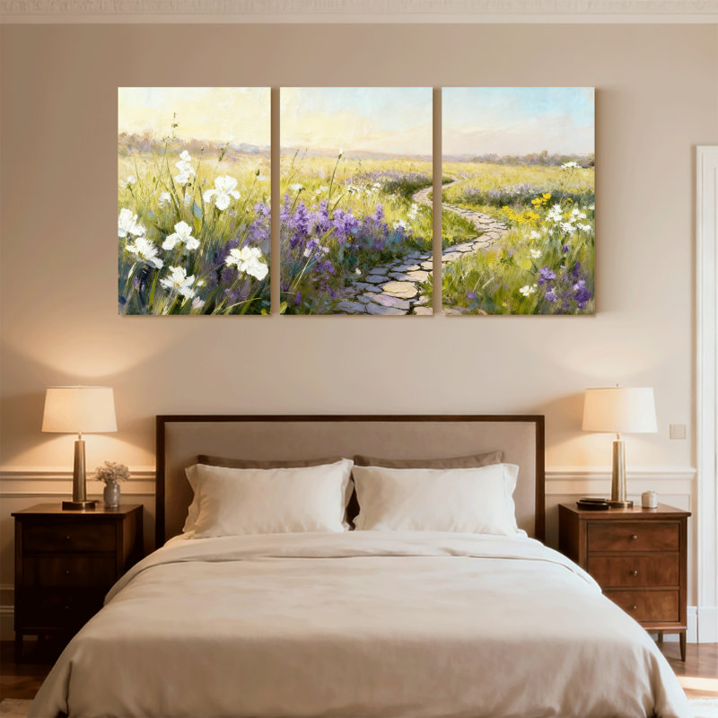 Assortiment de bouquets de sentier floral, paysage de prairie, ensemble de 3 reproductions d'art sur toile, H 24 po x l 48 po