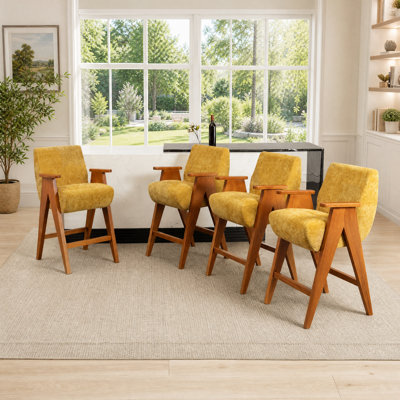 Mid-Century Upholstered Counter Bar Stool With Arms And Wooden Legs