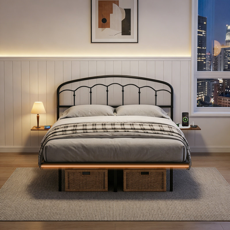 Aether Floating Double Bed Frame With USB-C Charging, LED Lights, Heavy Duty Steel Slats Support, No Box Spring Needed