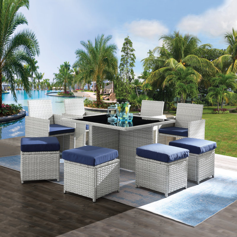 Ensemble bistro en osier et tissu bleu 9 pièces Paitalyi, parfait pour les patios et les jardins