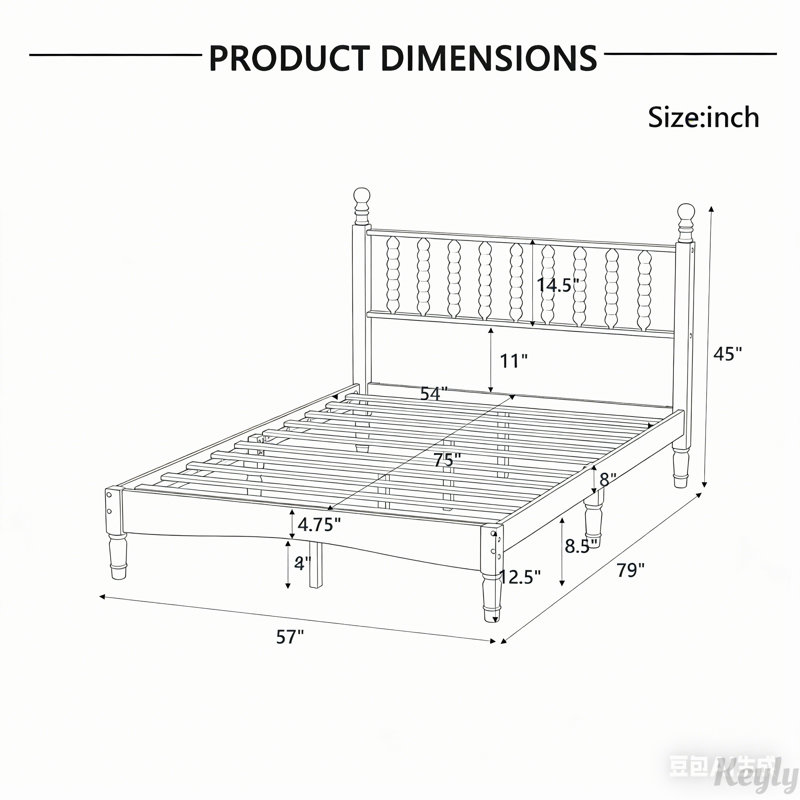 Lit plateforme en bois avec tête de lit en forme de gourde, style rétro et support en lattes de bois, Double, Noyer