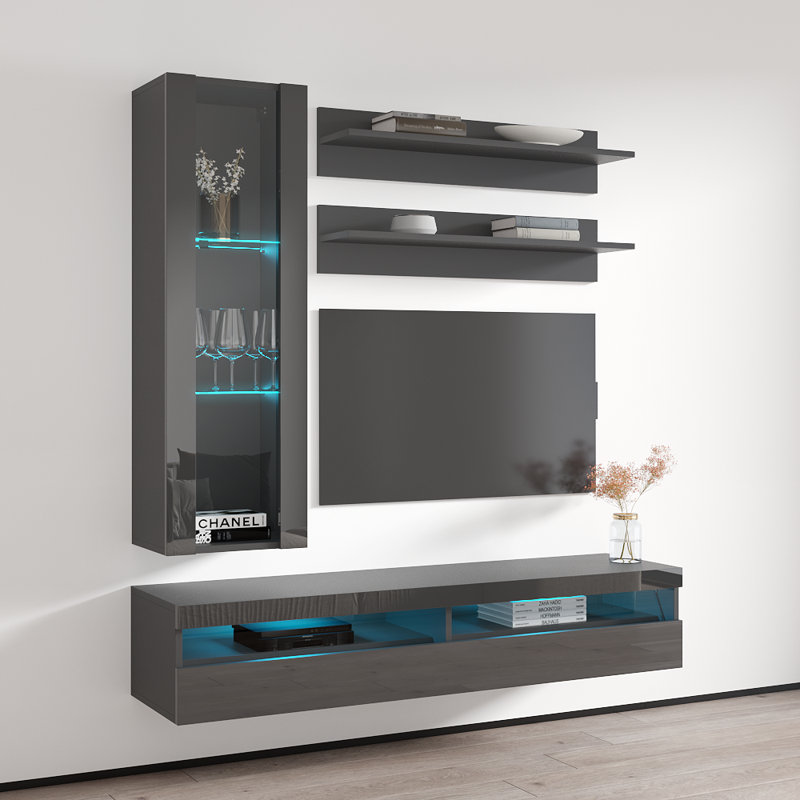 Laryssa 63" Modern Floating Wall Mounted Entertainment Center with 16-Color LED Lighting, High Gloss Finish, Gray