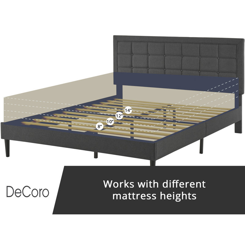 DeCoro Mornington Upholstered Platform Bed w/ Metal Frame, Full, Dark Gray