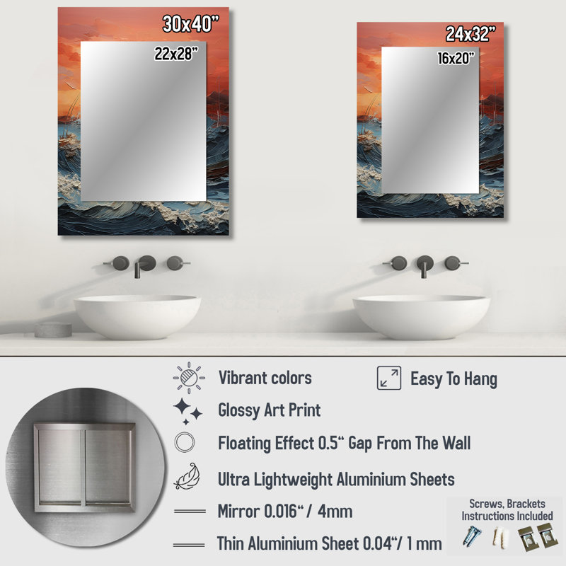 Bold Beach Sunset Scenery III - miroir mural Coastal Sunset, miroir décoratif bleu, impression sur métal, 32 po x 24 po