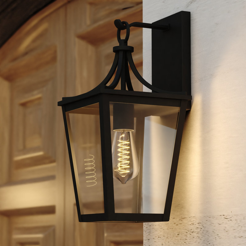 Applique murale d'extérieur noir mat à 1 lumière H 16 po Wayna en métal durable, abat-jour en verre transparent, compatible avec les DEL, à utiliser pour la porte d'entrée de patio ou de garage