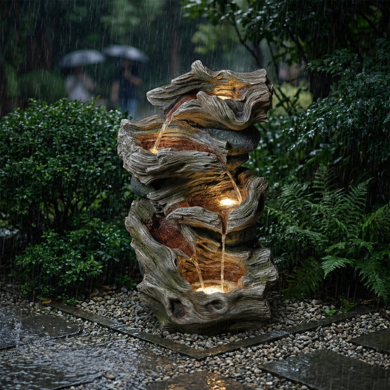 Fontaine d'extérieur en bois flottant naturel avec lumières DEL et pompe certifiée ETL - Cascade de jardin à plusieurs niveaux