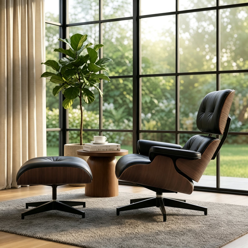 Swivel Lounge Chair With Ottoman, Black/Brown Wood