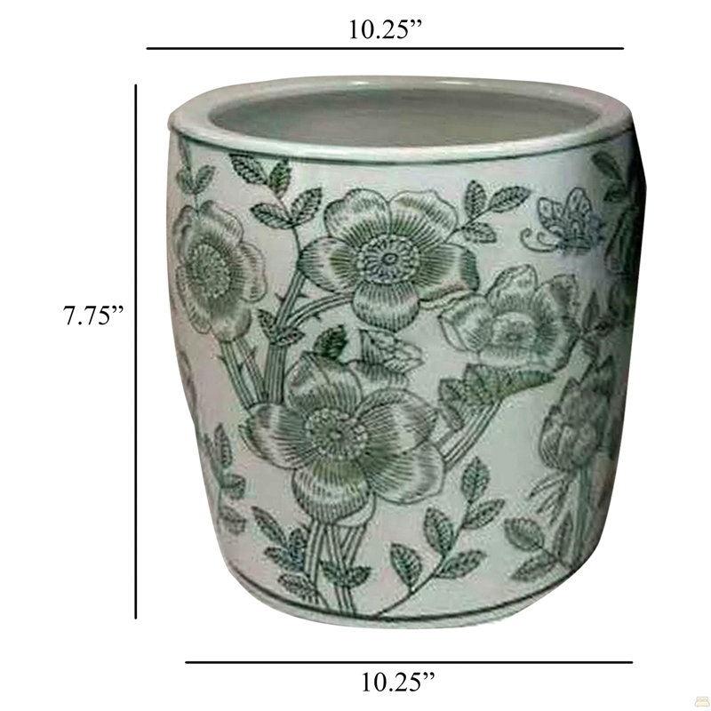 Ensemble de 4 pots à fleurs Kerry, motif floral vert, céramique blanche