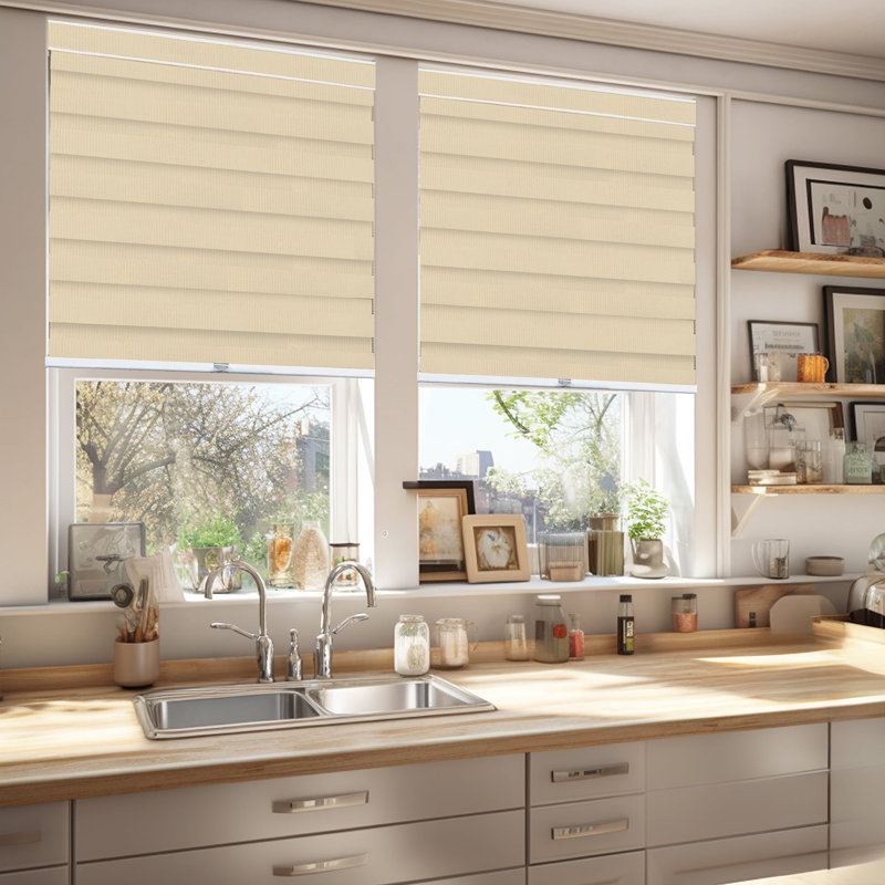 Premium Cordless Zebra Roller Shades - Dual Layer - Light Filtering and Room Darkening, Basic Pearl, 63"W x 72"L