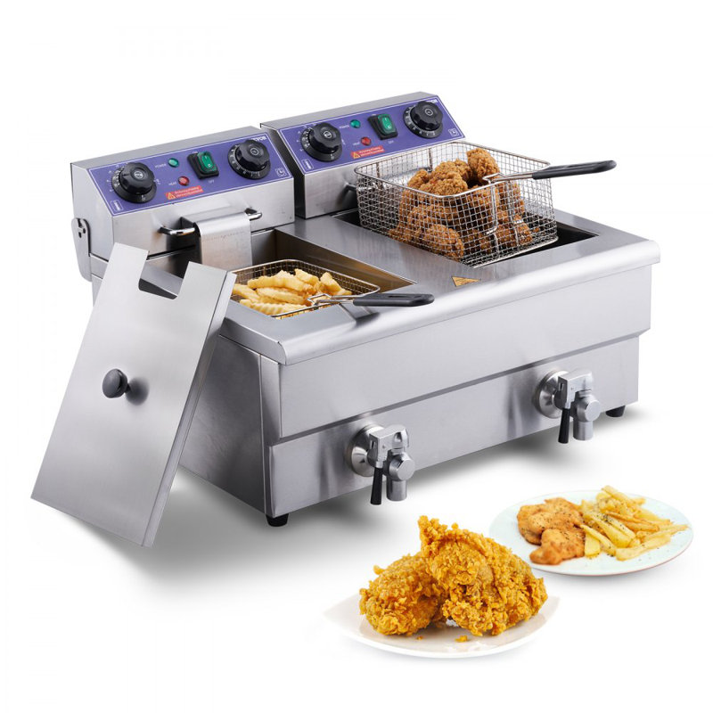 VEVOR 24L Electric Deep Fryer, With Timee And Drain, Dual Removable Baskets And Lid Included