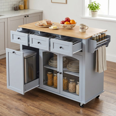 Mobile Kitchen Island with Glass Door Storage & Trash Bin Cabinet