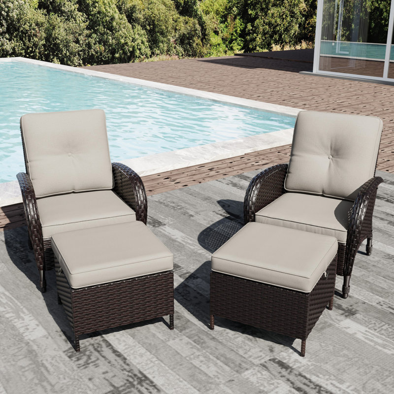 2-Person PE Wicker Outdoor Patio Set With 2 Chairs,2 Ottomans & Beige Cushions, Beige