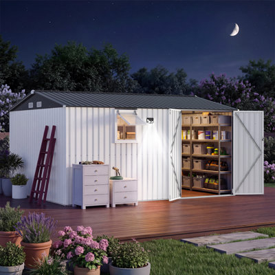 Remise de rangement extérieure en métal 12 x 10 pi avec fenêtre, lumière DEL et panneau perforé, toit incliné, ventilation et portes verrouillables pour le jardin, la cour, le garage et le patio