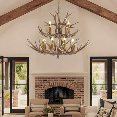Lustre en bois de cerf, grand plafonnier en bois de corne de cerf rustique à 2 niveaux pour maison, bar, foyer (8 + 4 bras de lampe)