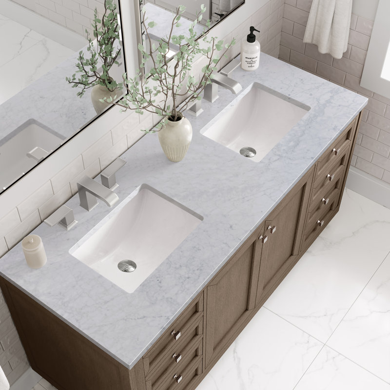 Chicago 60'' W Double Vanity, Walnut Whisper, Carrara White, 8" Widespread