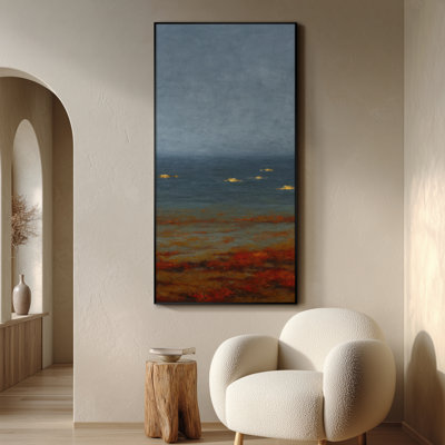 Très grand art mural imprimé sur toile - Paysage abstrait côtier, horizon bleu et rouille avec accents dorés, œuvre d'art contemporaine pour le salon ou la chambre à coucher - "Assemblage requis (cadre non fini)"