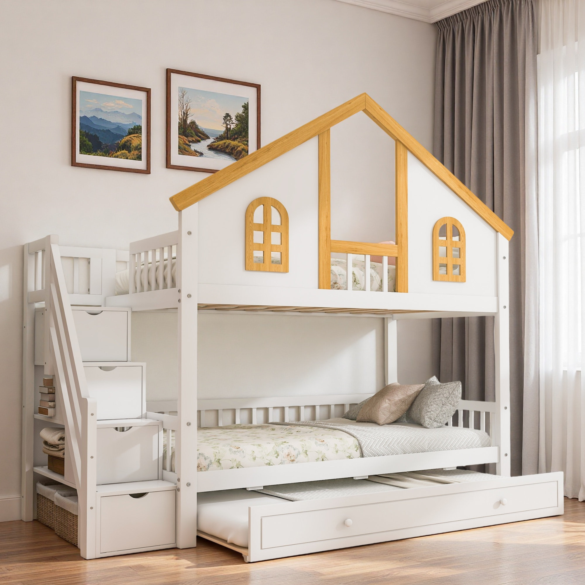 Harper Orchard Wooden Bunk Bed With Storage Staircase, Trundle, House ...