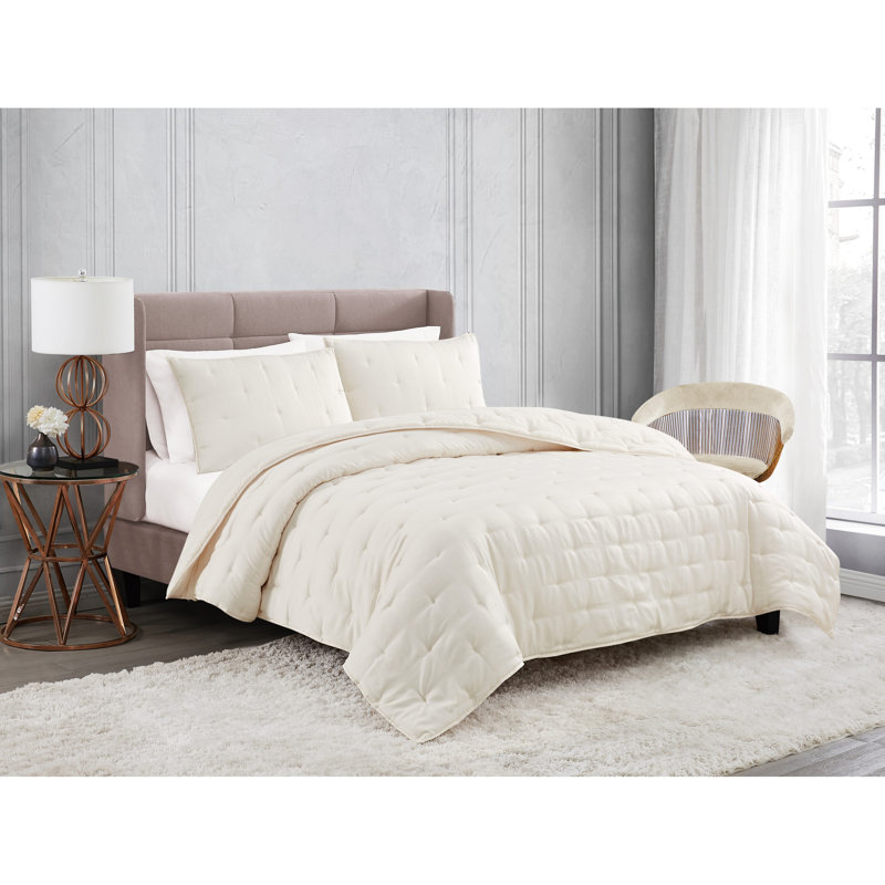 Ivory Twin Microfiber Quilt Set with Gathered Embellishment