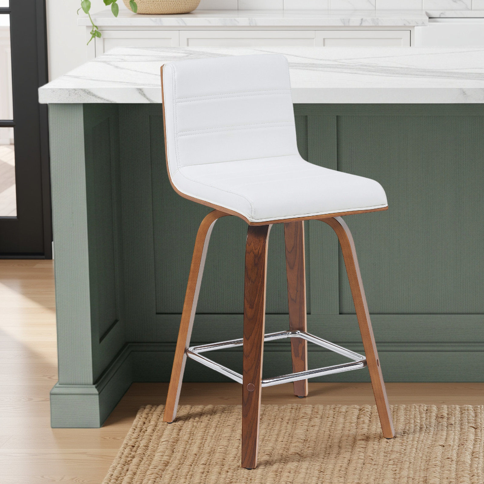 Biance Swivel Bar and Counter Stool, Counter Stool (26" Seat Height), Walnut, White Faux Leather