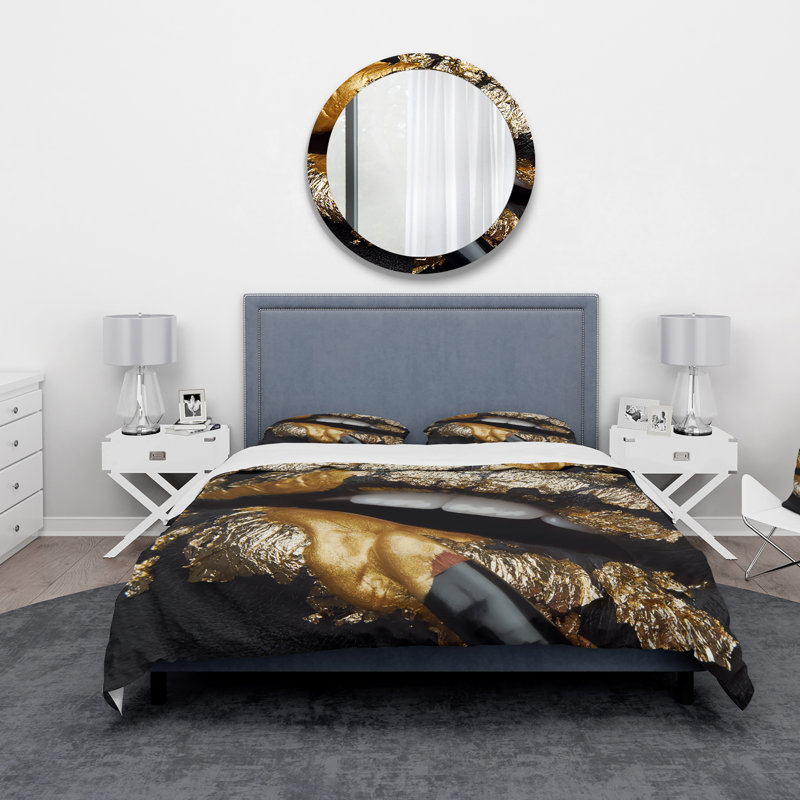 «Woman Lips» avec cuir noir et feuille d'or - ensemble de housse de couette moderne - microfibre de polyester