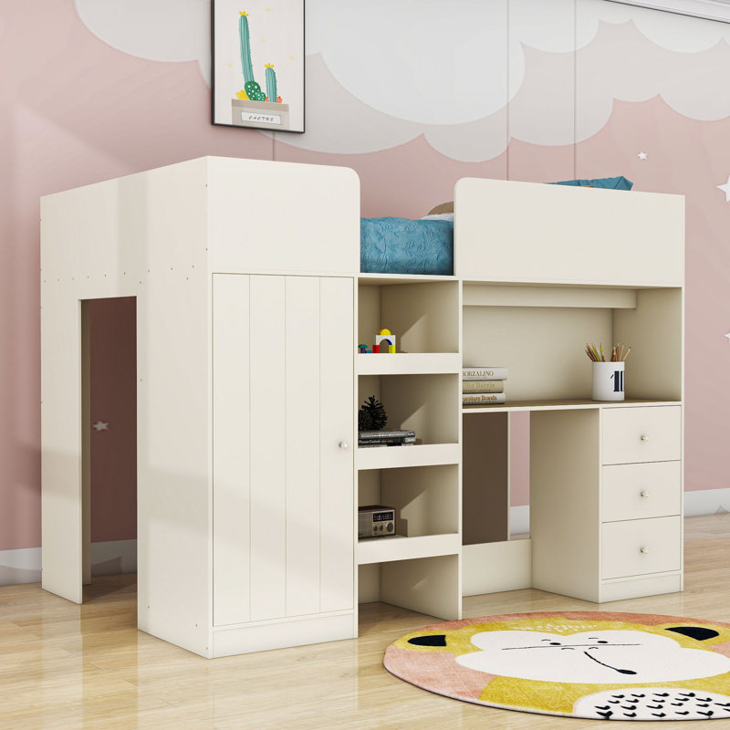 Lit mezzanine en bois avec garde-robe, bureau et tiroirs Alfreada