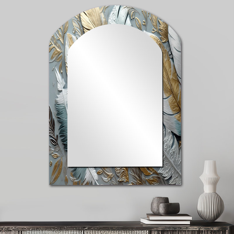 Plumes dorées dorées - miroir unique asymétrique en plumes glamour, grand miroir mural en arc doré, impression d'art en métal