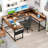 U Shaped Desk, Gaming Desk With Monitor Stand And LED Lights, Reversible Shaped Large Computer Desk With Power Outlets, Office Desk With Storage Bag And Hooks-1931600905