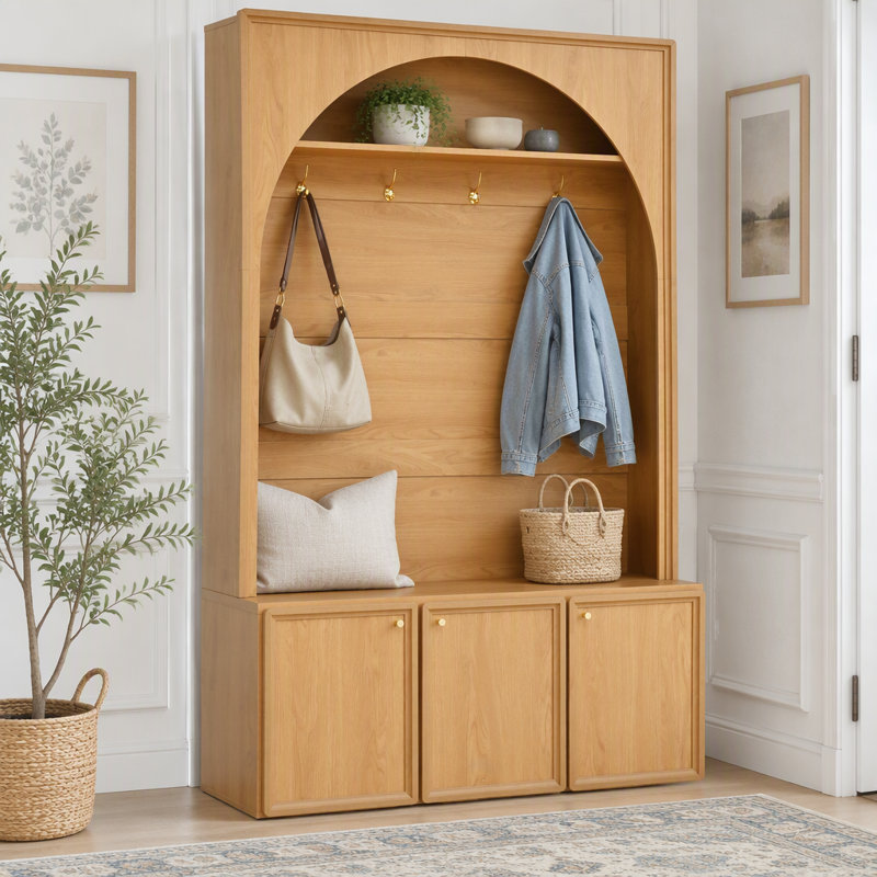 Arbre d'entrée tout-en-un avec tablettes réglables, banc de rangement pour hall d'entrée arqué rétro avec 3 armoires, Naturel