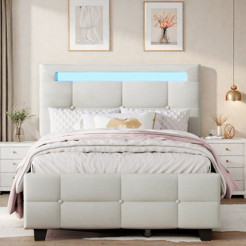Élégant lit plateforme tapissier avec cadre à DEL et 2 tiroirs, Beige