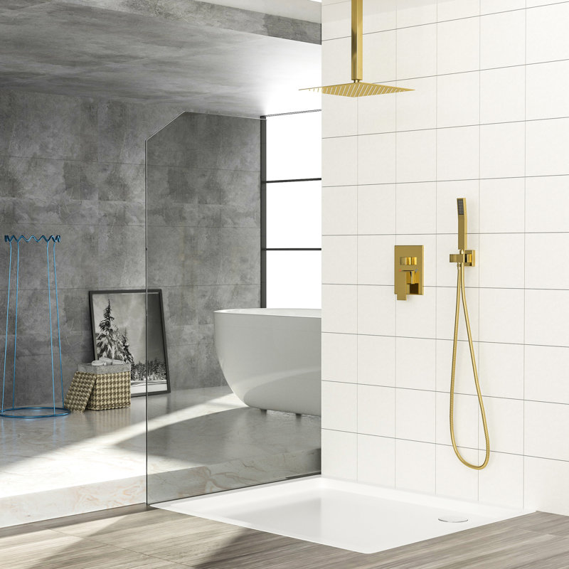 Système de douche carré de 16 pouces - Double tête dorée avec installation facile et fonction de fixation au plafond, Doré