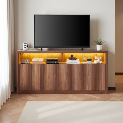 67" Wooden Sideboard Buffet Cabinet with LED Light Strip & Power Outlets, 4‑Compartment Storage, Modern Coffee Bar Cabinet for Kitchen Dining Living Room