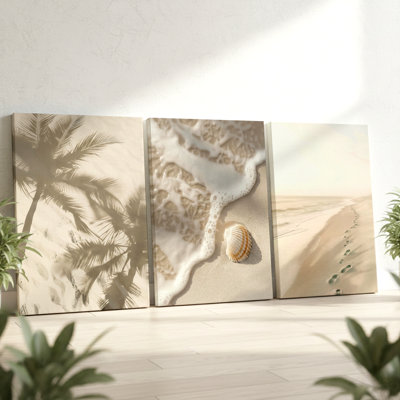 3 pièces scène de plage côtière sereine avec palmiers et coquillages, art mural, trois pièces pour le salon, la chambre à coucher et le bureau