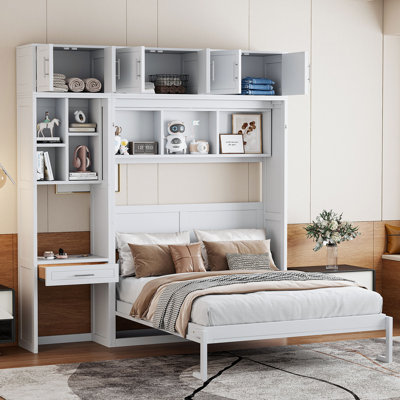 Queen Size Wall Murphy Bed with Desk, Top Cabinet and Storage Shelves, Space Saving Foldable Bed,White