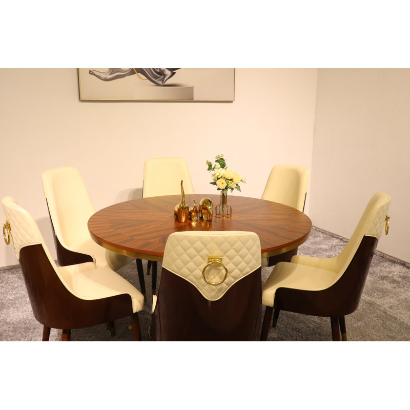 Vogue Lux Orange 61" Round Dining Set, Beige, 7 Pieces: Table, 6 Chairs, 31" H x 51" W x 51" D