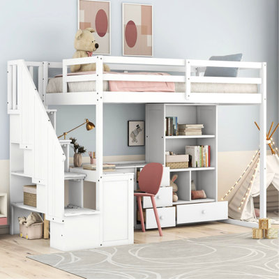 White Twin Size Loft Bed Featuring L-Shaped Desk, Drawers, Cabinet, And Storage Staircase - Spacious Interior With In Practical Bedroom Decor Option