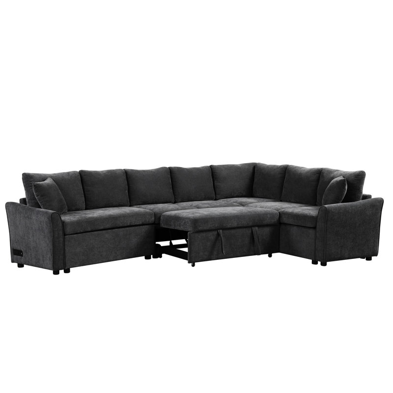 Convertible, 124.8", Gray, L-Shaped, , Living Room, Ports, Power Sockets, Back Pillows, Chenille Upholstery 124.8" L-Shaped Gray Bed With Two Soft Comfortable Skin- And High Foam For Waist Relaxation